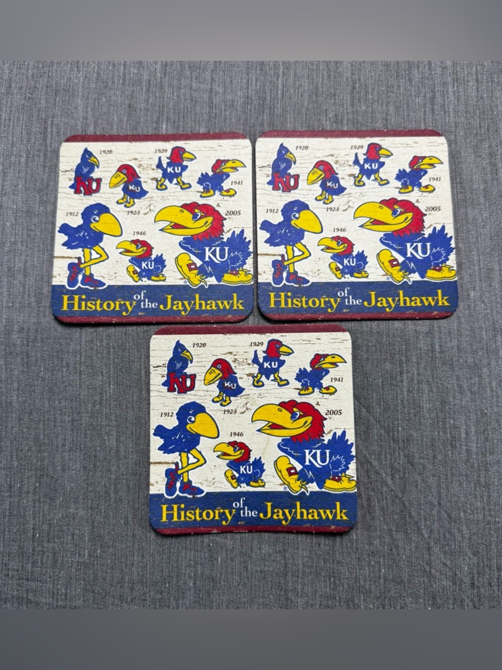 3 KU JAYHAWKS HISTORY UNIVERSITY OF KANSAS ALUMNI  LOGO 4 INCH BEER COASTER LOT